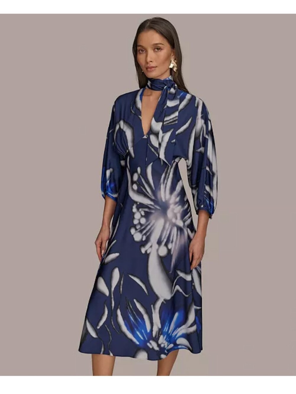 NWT Donna Karan New York 22W Blue Abstract Tie Neck Maxi Dress $169